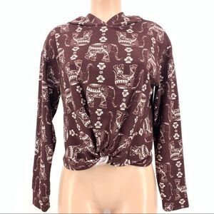 Joe B Brown Elephant Print Lightweight Cropped Hoodie Size Large
